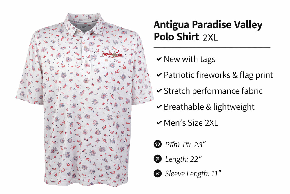 Antigua Paradise Valley Polo Shirt 2XL Patriotic Golf Fireworks Print